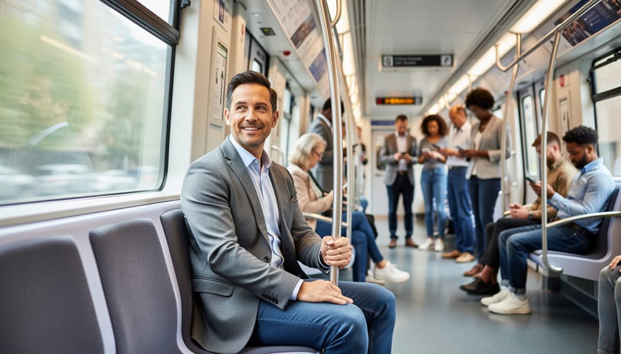 Person wearing wireless earbuds while commuting outdoors with earbuds visible