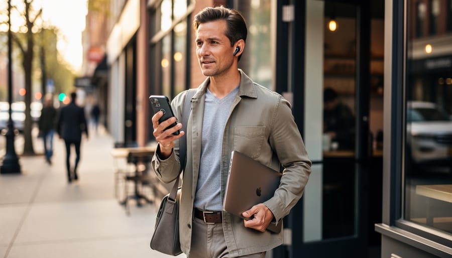 Person wearing wireless earbuds while standing outside, captured with earbuds in clear focus and a softly blurred city background.