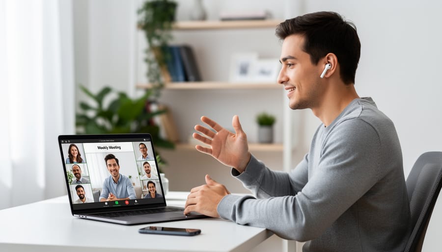 Person wearing wireless earbuds while using a smartphone for a call