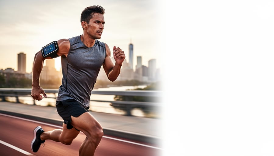 Runner using true wireless earbuds during outdoor workout at golden hour