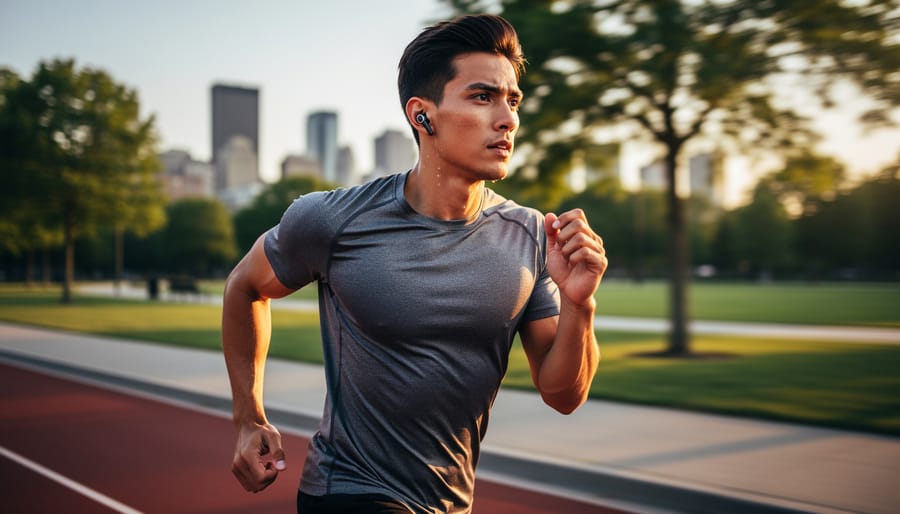 Runner wearing true wireless earbuds outdoors during a workout with blurred trees in the background.
