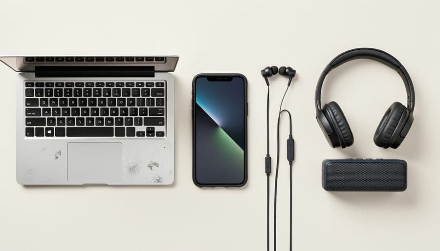 Smartphone, laptop keyboard, and earbud case laid out together on a neutral surface as examples of budget electronics categories.