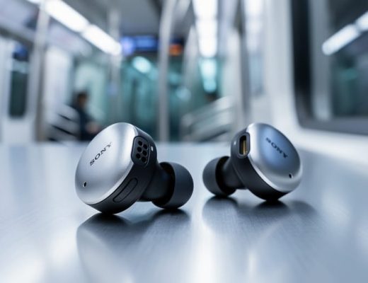 Sony WF-1000XM6 true wireless noise-canceling earbuds shown in close-up on a metallic surface with a modern, softly blurred background.