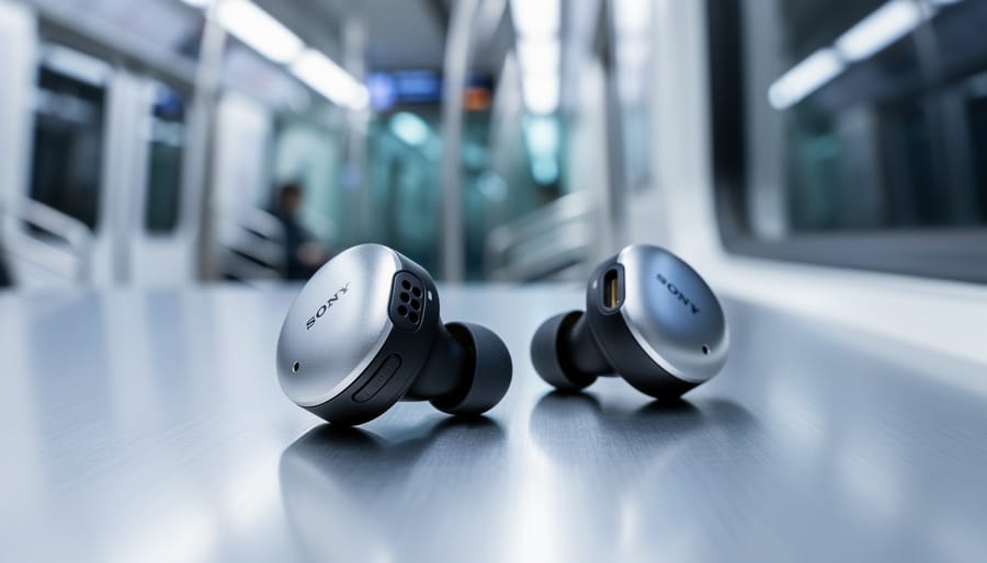 Sony WF-1000XM6 true wireless noise-canceling earbuds shown in close-up on a metallic surface with a modern, softly blurred background.