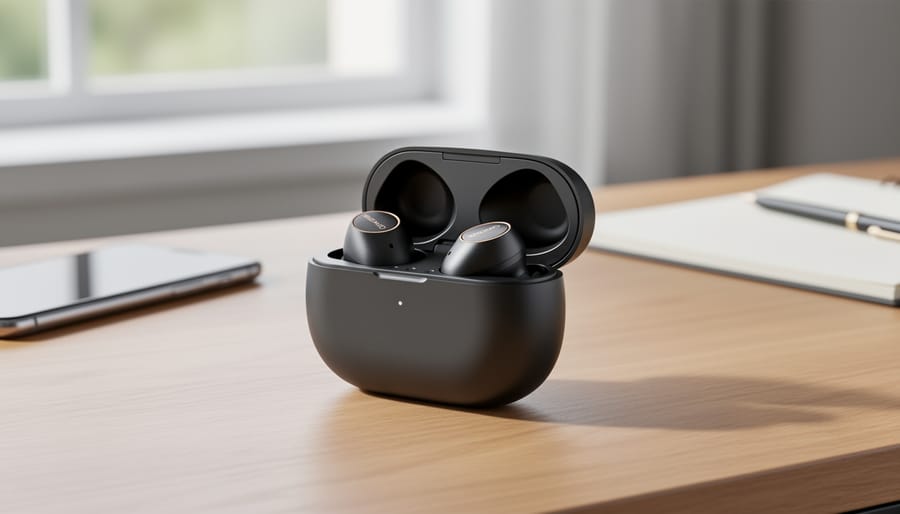 Sony WF-1000XM6 earbuds resting in an open charging case on a bedside table