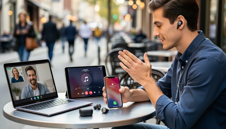 Sony wireless earbuds and charging case on a gym bench with a smartphone nearby, photographed with shallow depth of field.
