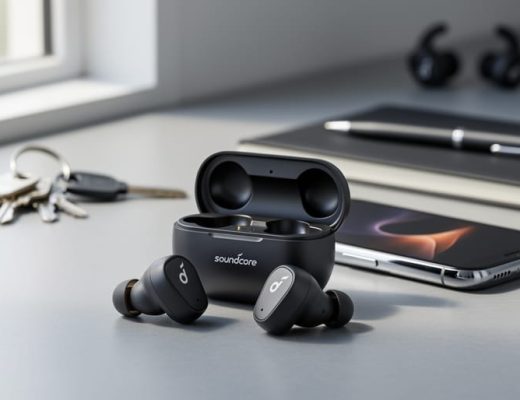 Soundcore by Anker P20i earbuds and charging case on a desk beside a smartphone in soft natural light.