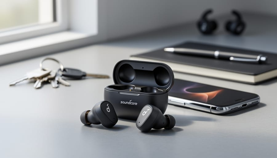 Soundcore by Anker P20i earbuds and charging case on a desk beside a smartphone in soft natural light.