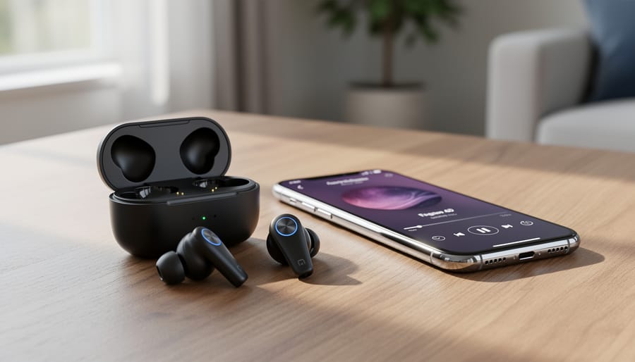Soundcore by Anker P20i earbuds and charging case arranged on a desk beside a smartphone