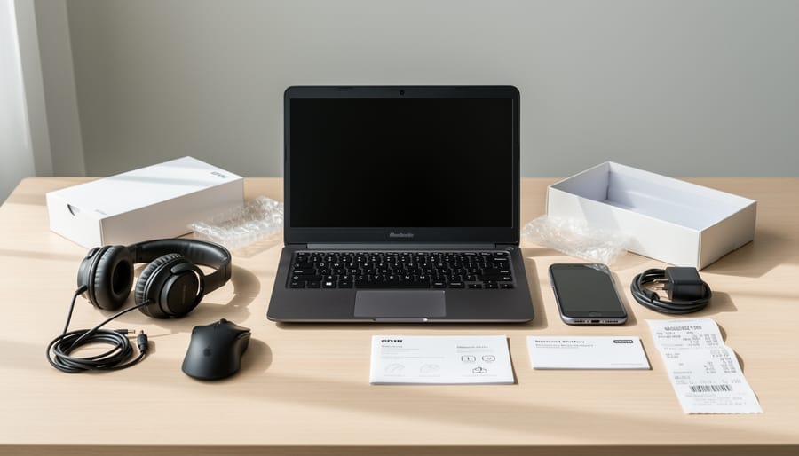 Stack of budget electronics on a desk including a smartphone, tablet, and earbuds with a power adapter nearby.