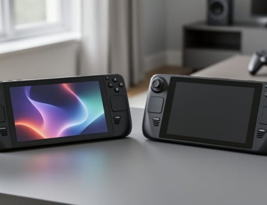 Close-up of a Steam Deck OLED and an original Steam Deck placed side-by-side on a desk, with the OLED screen showing a brighter glow in soft natural light.