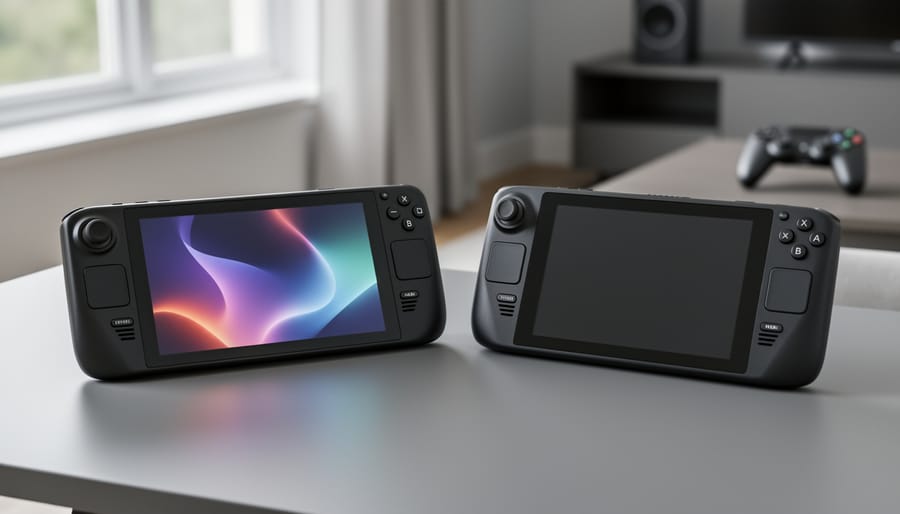 Close-up of a Steam Deck OLED and an original Steam Deck placed side-by-side on a desk, with the OLED screen showing a brighter glow in soft natural light.