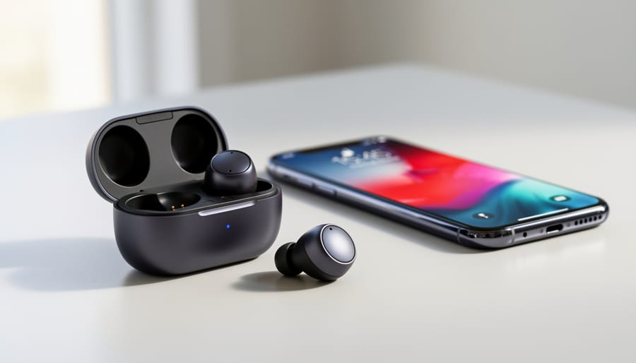 Wireless earbuds and their charging case placed on a desk beside a smartphone