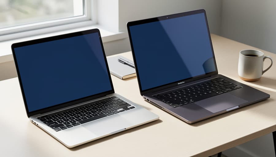 Two modern budget laptops placed side-by-side on a desk in soft natural light, with a blurred notebook and coffee mug in the background.