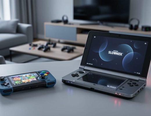 Two handheld gaming systems on a desk—one console-style handheld and one portable PC handheld—lit by soft indoor daylight in a modern gaming setup.