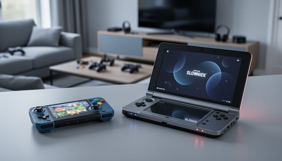 Two handheld gaming systems on a desk—one console-style handheld and one portable PC handheld—lit by soft indoor daylight in a modern gaming setup.