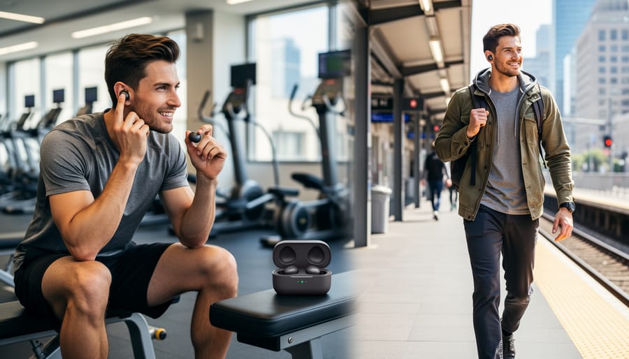 Hand opening a true wireless charging case beside a smartphone and gym bag