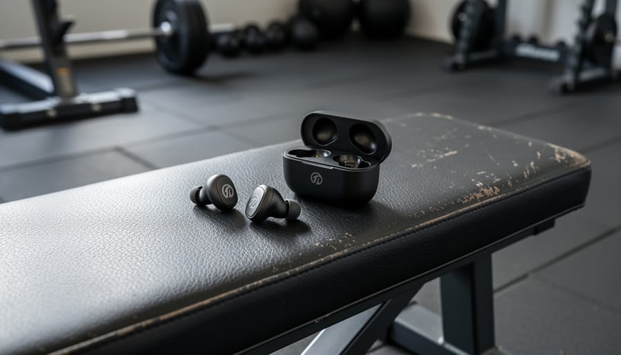 Close-up of true wireless earbuds and charging case on a gym bench