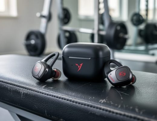 Close-up of Beats Fit Pro true wireless earbuds and charging case on a gym bench, highlighting the wingtip design for a secure workout fit.