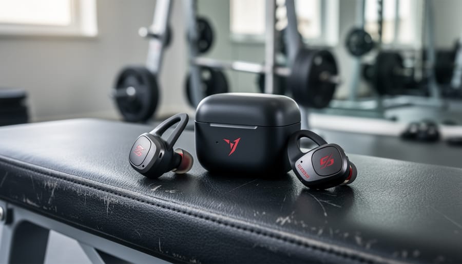 Close-up of Beats Fit Pro true wireless earbuds and charging case on a gym bench, highlighting the wingtip design for a secure workout fit.