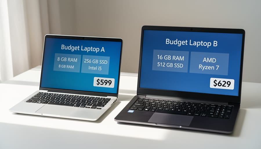 Two budget laptops placed side-by-side on a desk under soft natural light