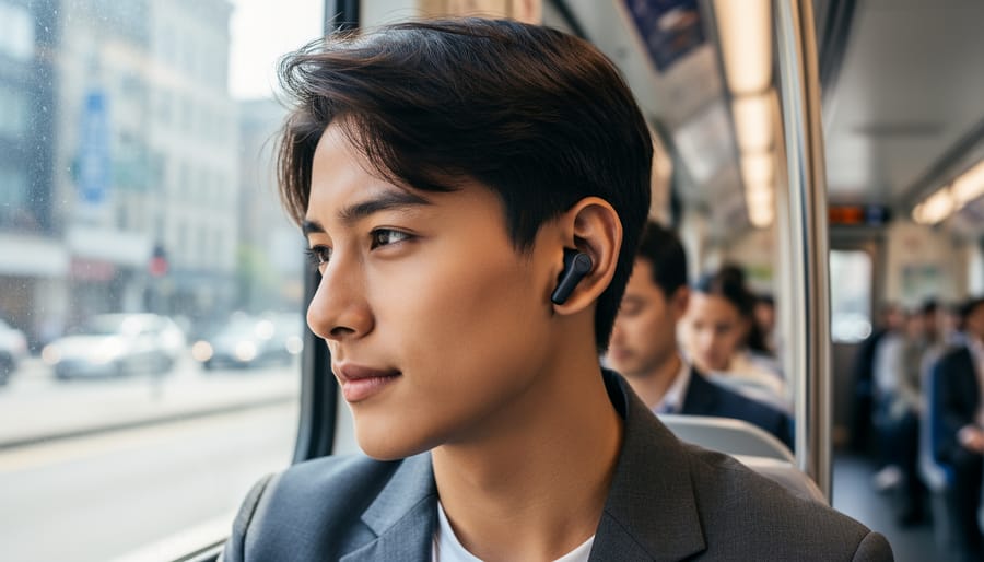 Person wearing noise-cancelling true wireless earbuds on a train platform