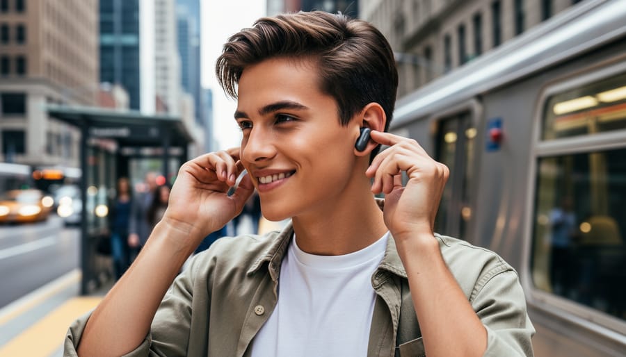 Person walking outdoors wearing true wireless earbuds with city background blurred