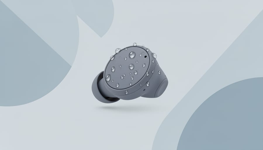 Close-up of an earbud with water droplets beading on a wet surface
