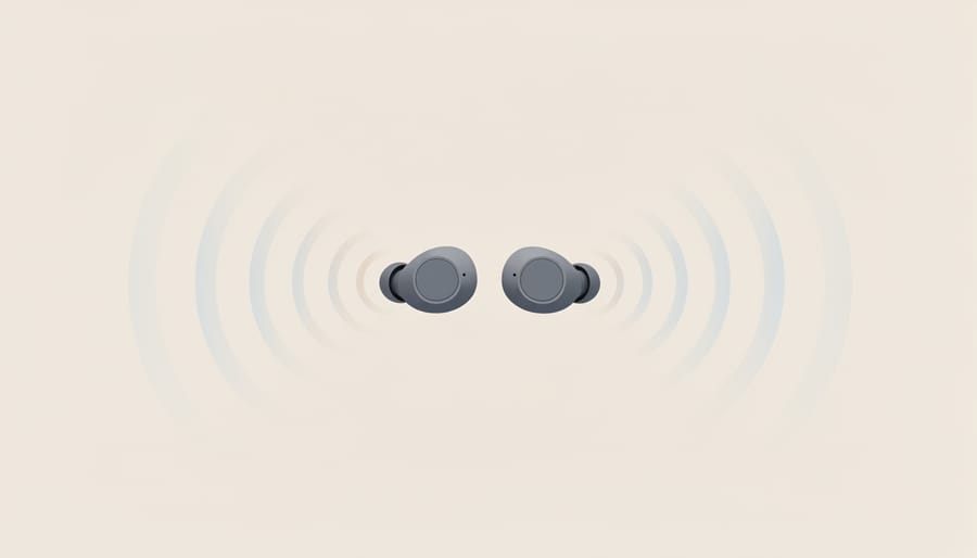 Earbuds with a translucent fading veil effect suggesting noise cancellation around them