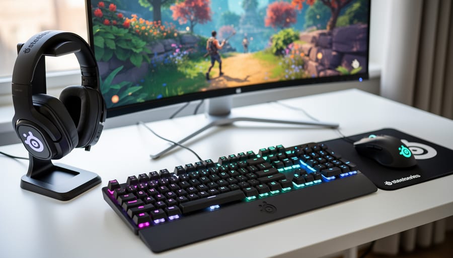Gaming desk with keyboard, mouse, and RGB headset in front of a blurred room background.