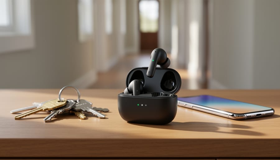Hand reaching for JLab Go Pods ANC charging case with earbuds visible inside