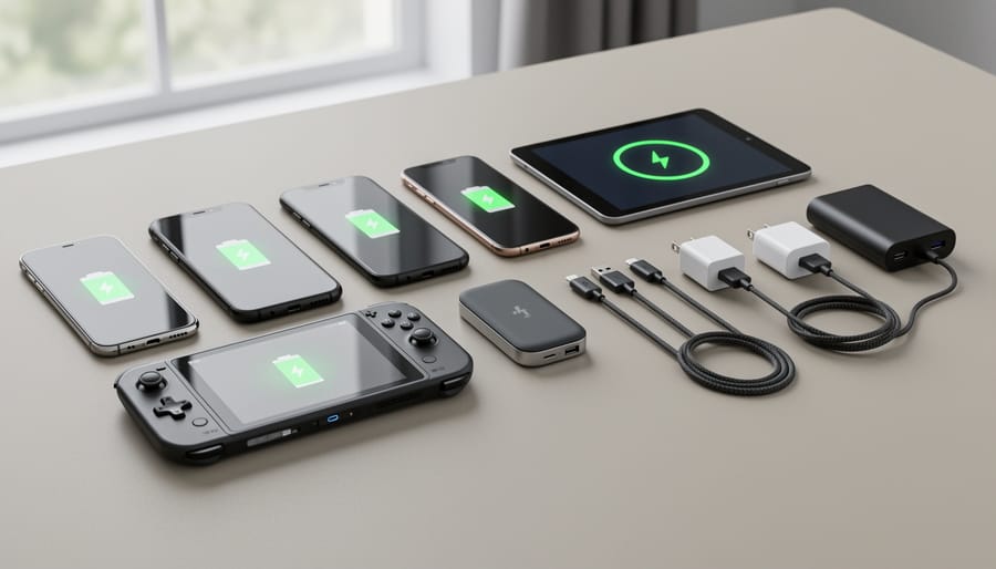 Handheld gaming systems on a wooden desk next to a charging cable and portable power bank.