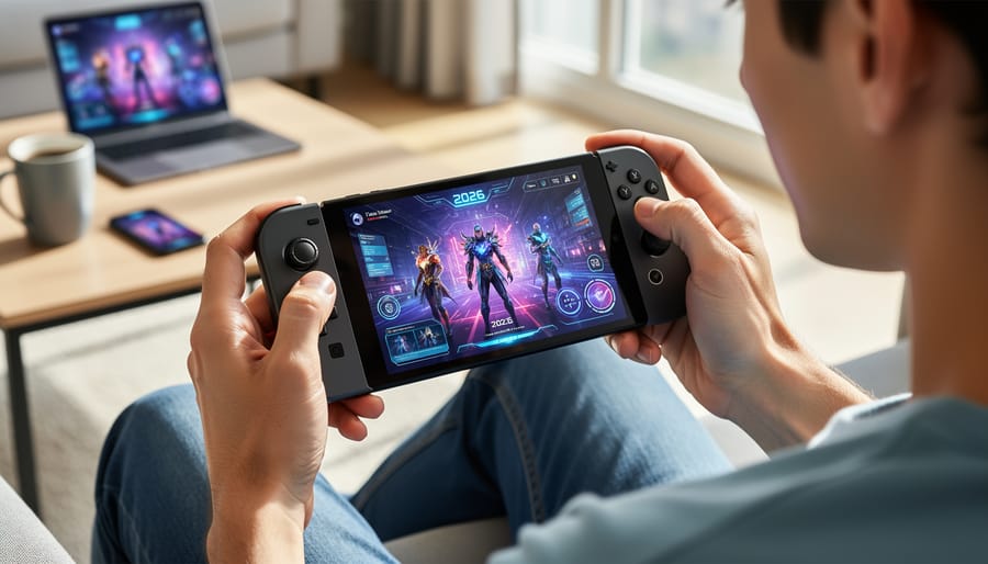 Person holding a handheld gaming system near a window with a softly blurred living-room background.