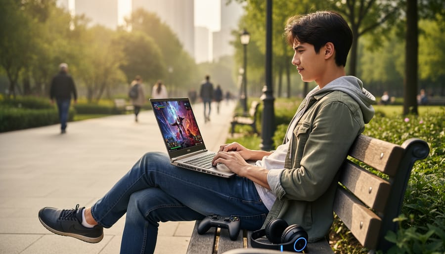 Person gaming on a handheld device while seated outdoors at golden hour with trees blurred in the background.