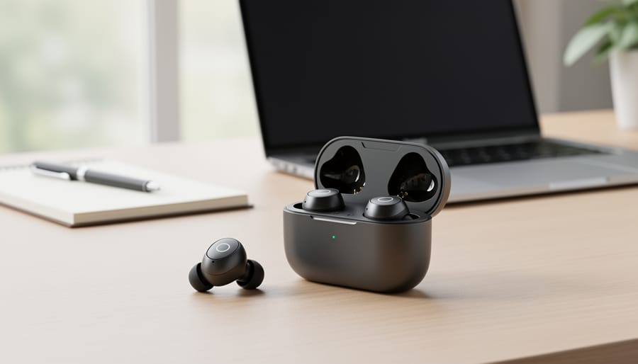 JLab Go Pods ANC earbuds and charging case on a clean desk under soft studio lighting