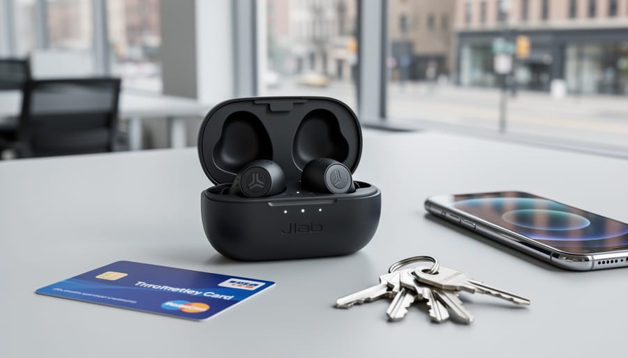 Close-up of JLab Go Pods ANC earbuds in an open charging case on a desk next to a smartphone, with commute items in soft-focus background.