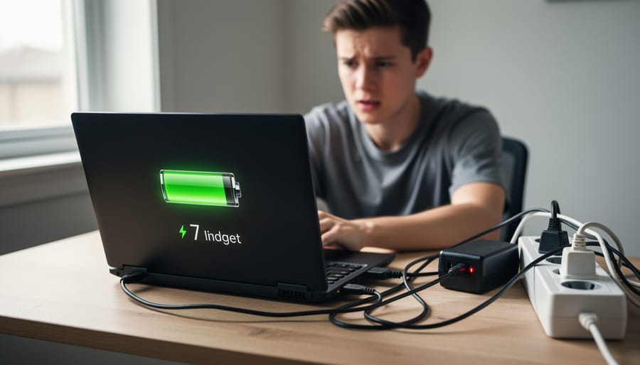 Close-up of a hand plugging a charger into a laptop