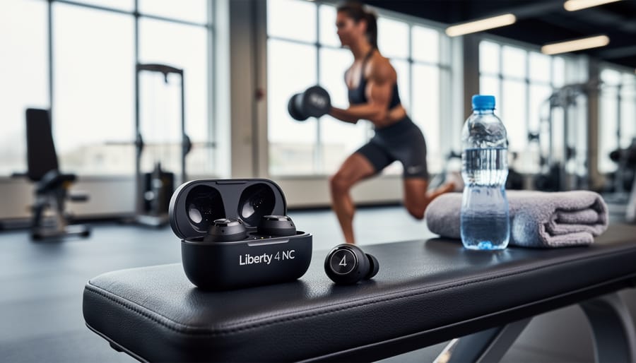 Person at a gym wearing Soundcore Liberty 4 NC earbuds with the charging case open on a bench beside a water bottle