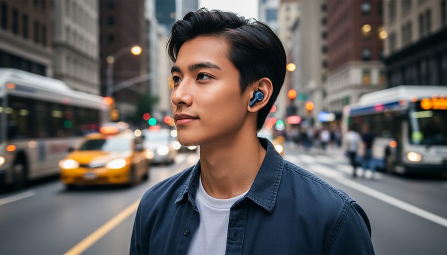 Person wearing Soundcore Liberty 4 NC earbuds while walking with blurred street traffic in the background