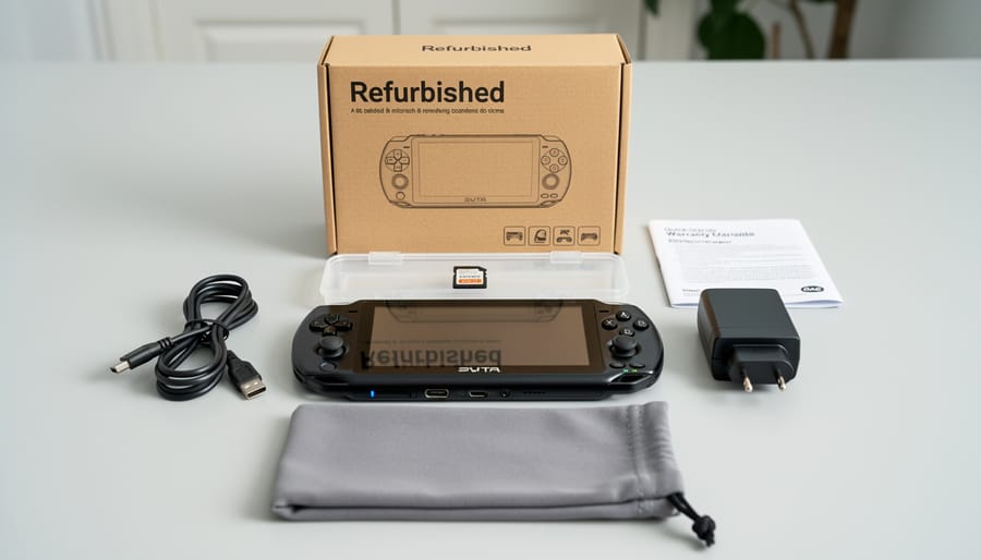 PS Vita with accessories and a protective case arranged on a desk in natural window light