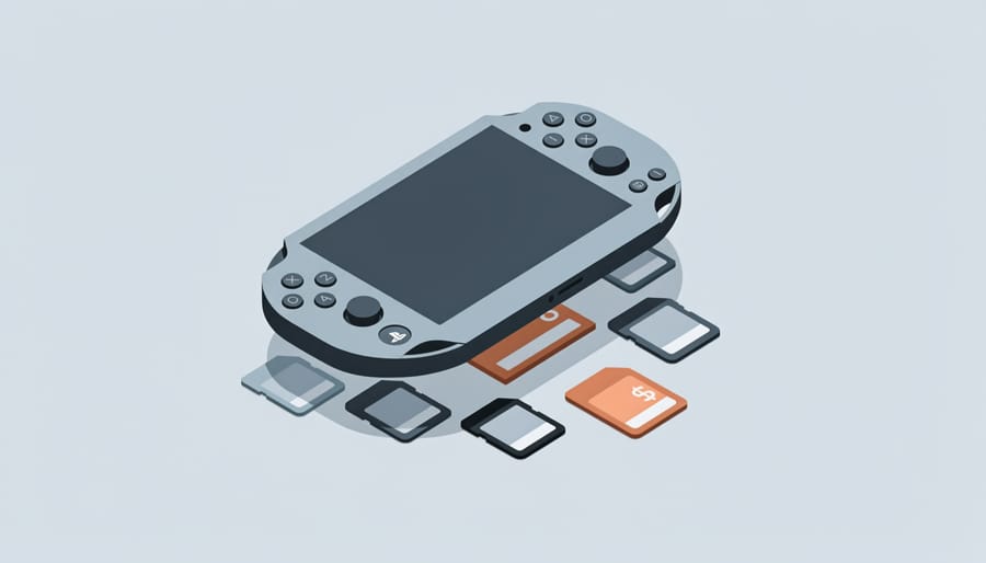 Conceptual close-up of a PS Vita next to a small pouch of storage media items to suggest capacity and memory needs