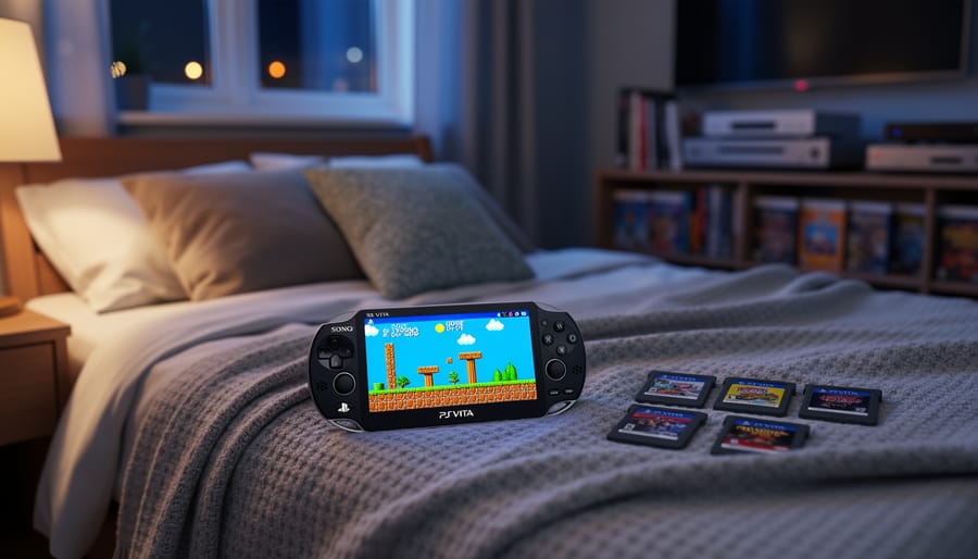 Person playing with a PS Vita in a warm-lit living room with retro game shelves in the background
