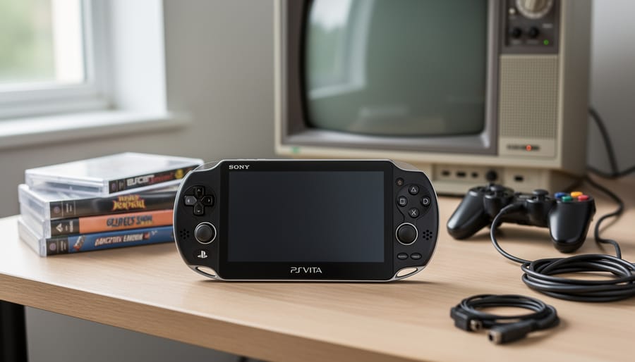 Sony PS Vita handheld resting on a wooden desk with a nostalgic retro gaming setup in the background