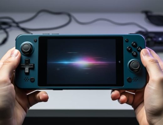 Retroid Pocket 4 Pro handheld console in a gamer’s hands with a retro-style screen glow, photographed in a modern gaming setup.