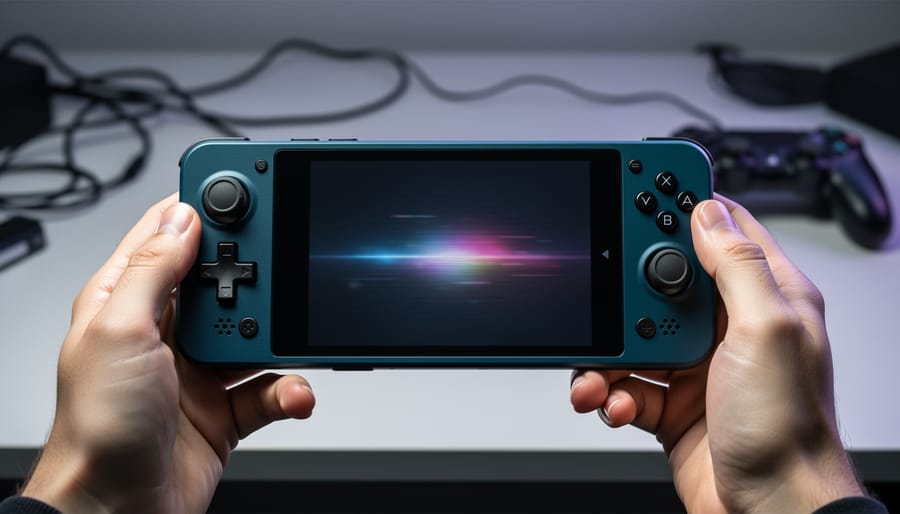 Retroid Pocket 4 Pro handheld console in a gamer’s hands with a retro-style screen glow, photographed in a modern gaming setup.