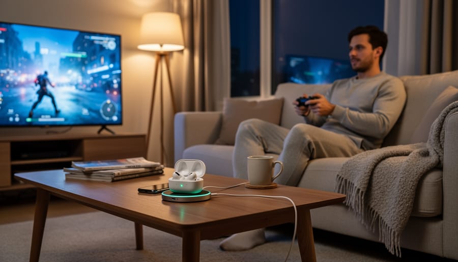 Retroid Pocket 4 Pro on a table near a USB power cable in a softly lit gaming corner