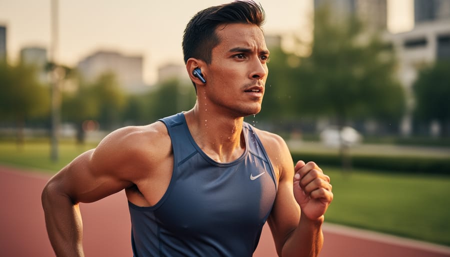 Runner jogging outdoors wearing true wireless earbuds for secure fit during exercise