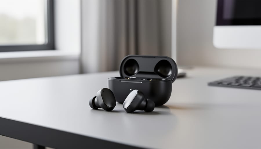 Sennheiser ACCENTUM true wireless earbuds resting in their charging case on a clean desk