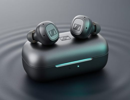 Close-up product photo of Sennheiser ACCENTUM true wireless earbuds resting in a charging case on a dark background with subtle light reflections.