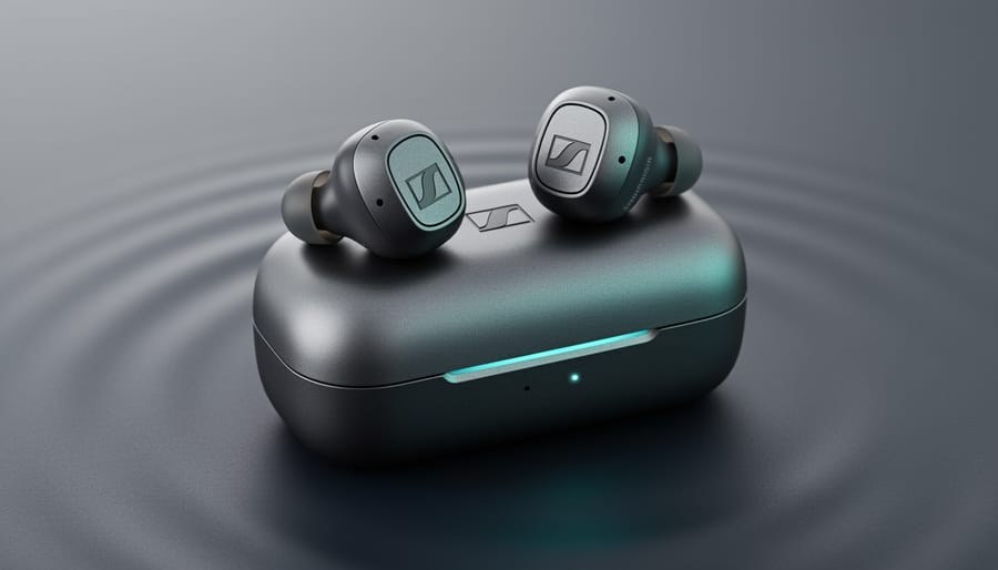 Close-up product photo of Sennheiser ACCENTUM true wireless earbuds resting in a charging case on a dark background with subtle light reflections.